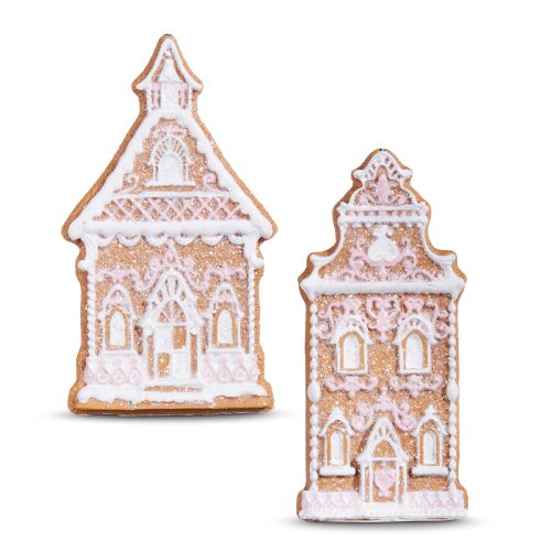 pink and white gingerbread house ornament set