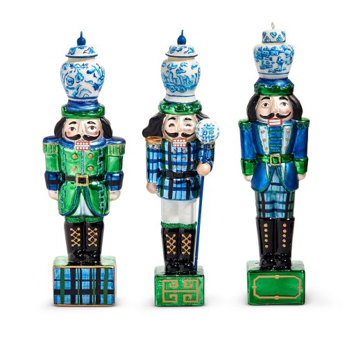 8" glass blue and green plaid nutcracker ornaments