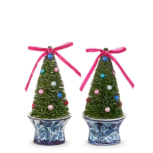 Bottle Brush tree in chinoiserie pot with pink ribbon